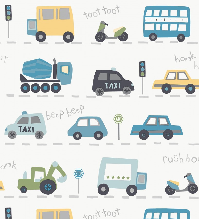 Papel pintado ciudad infantil con coches buses y camiones divertidos  Teo Drive 684100
