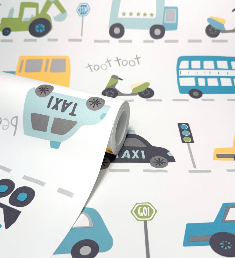 Papel pintado ciudad infantil con coches buses y camiones divertidos  Teo Drive 684100