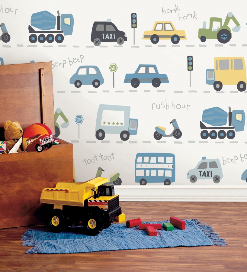 Papel pintado ciudad infantil con coches buses y camiones divertidos  Teo Drive 684100
