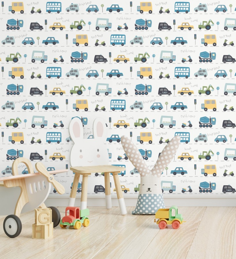 Papel pintado ciudad infantil con coches buses y camiones divertidos  Teo Drive 684100