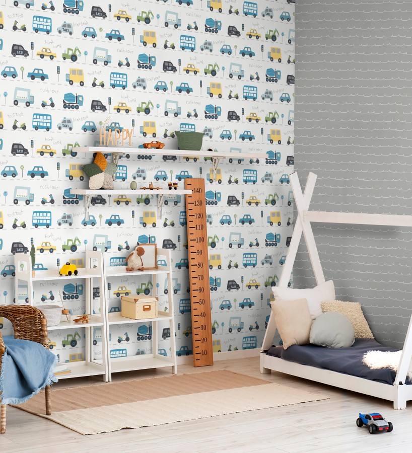 Papel pintado ciudad infantil con coches buses y camiones divertidos  Teo Drive 684100