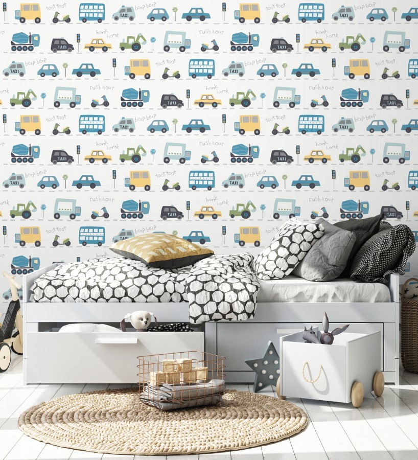 Papel pintado ciudad infantil con coches buses y camiones divertidos  Teo Drive 684100