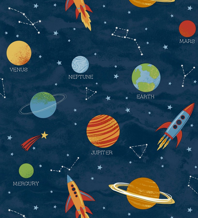 Papel pintado cosmos educativo planetas y astronautas azul  Milo Space 684101