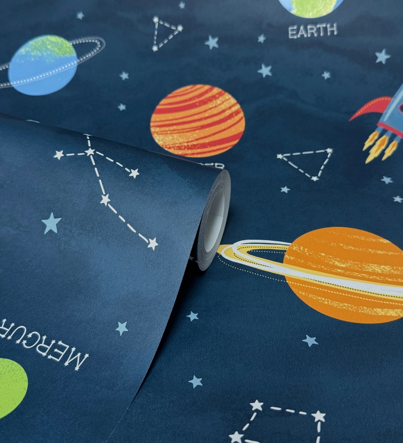 Papel pintado cosmos educativo planetas y astronautas azul  Milo Space 684101