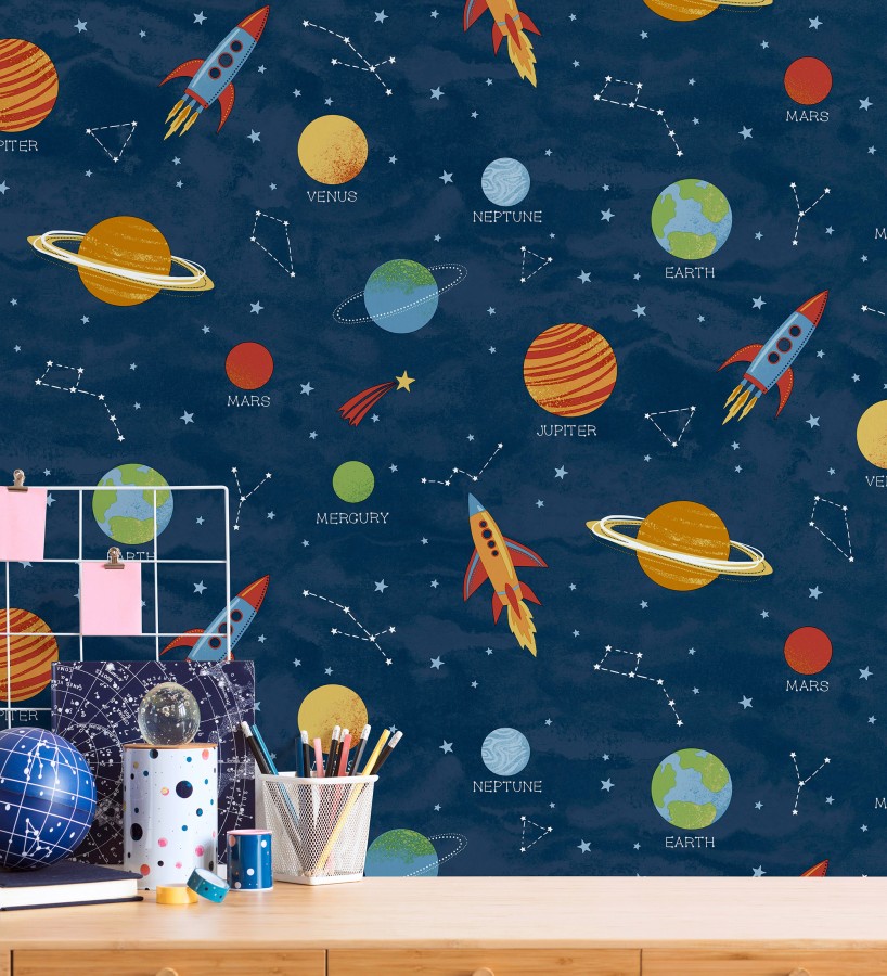 Papel pintado cosmos educativo planetas y astronautas azul  Milo Space 684101