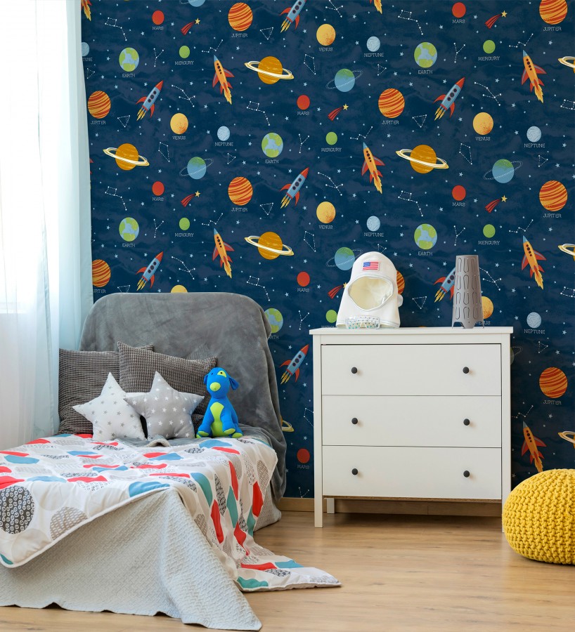 Papel pintado cosmos educativo planetas y astronautas azul  Milo Space 684101