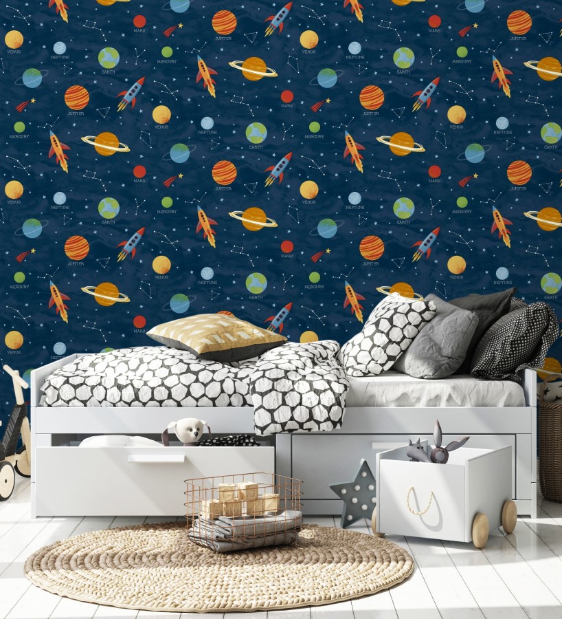 Papel pintado cosmos educativo planetas y astronautas azul  Milo Space 684101