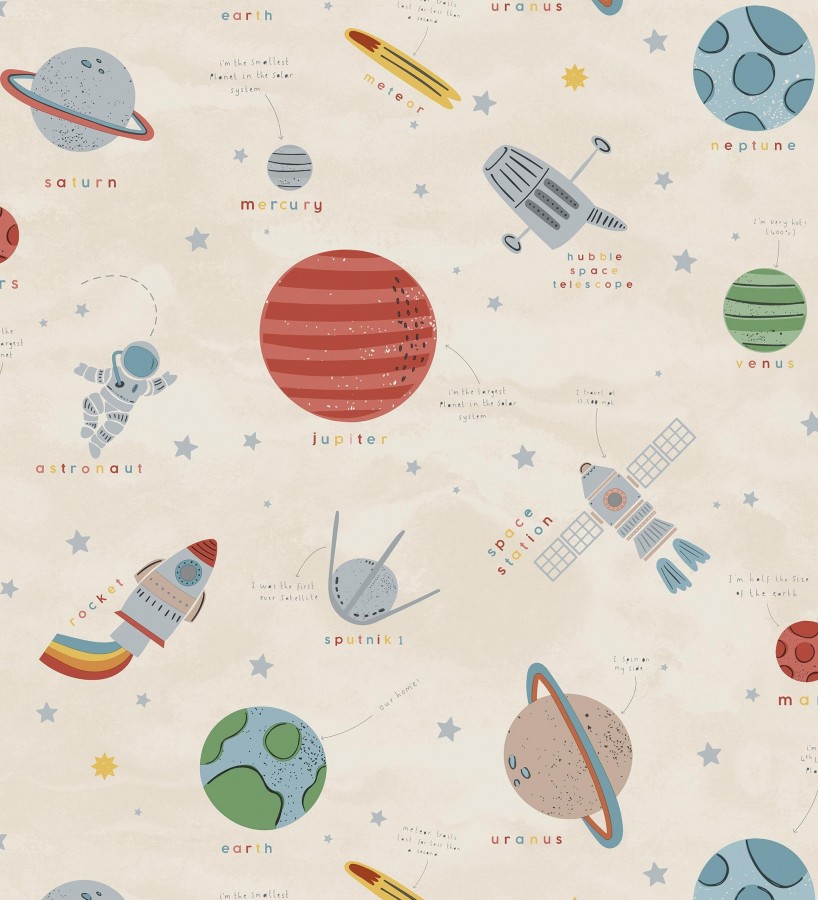 Papel pintado cosmos educativo planetas y astronautas beige  Milo Space 684102