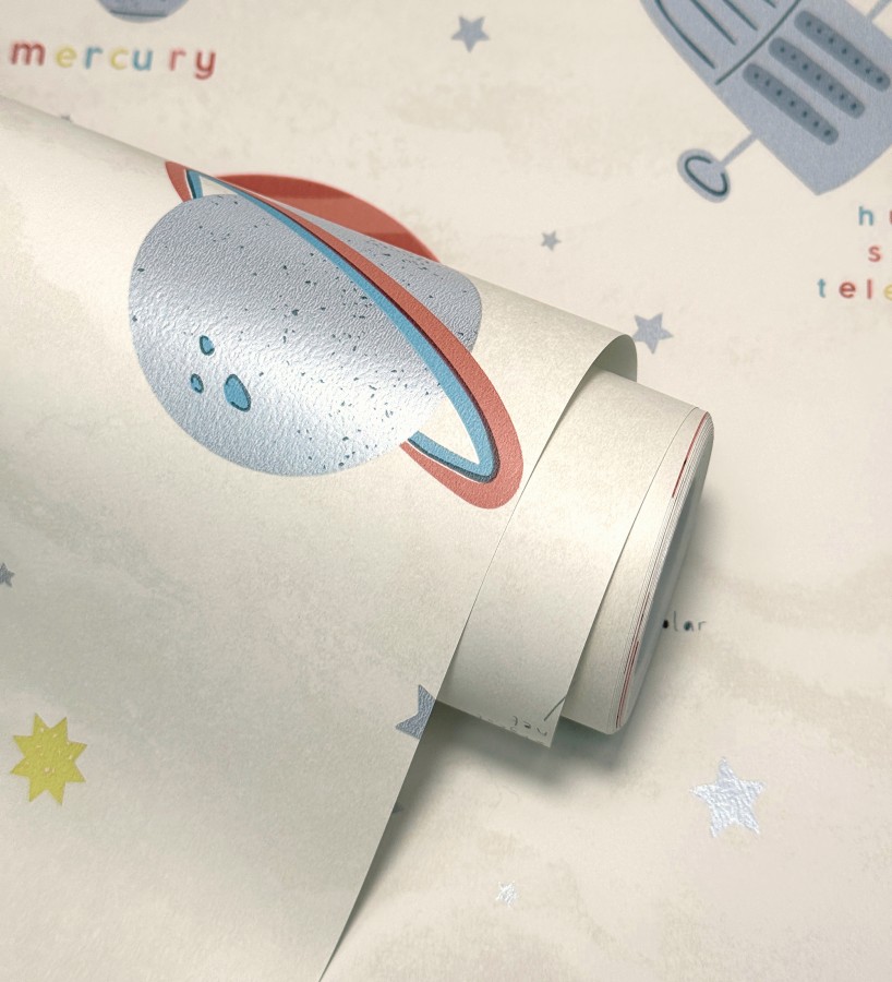 Papel pintado cosmos educativo planetas y astronautas beige  Milo Space 684102