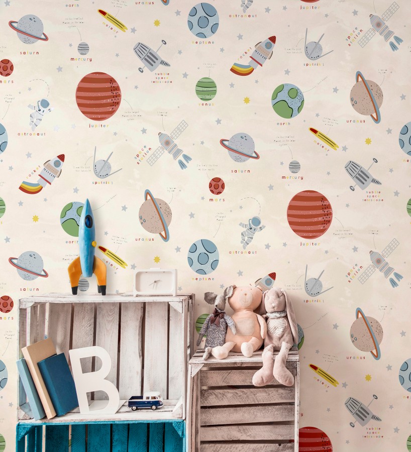 Papel pintado cosmos educativo planetas y astronautas beige  Milo Space 684102