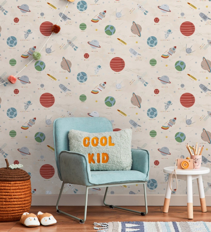 Papel pintado cosmos educativo planetas y astronautas beige  Milo Space 684102