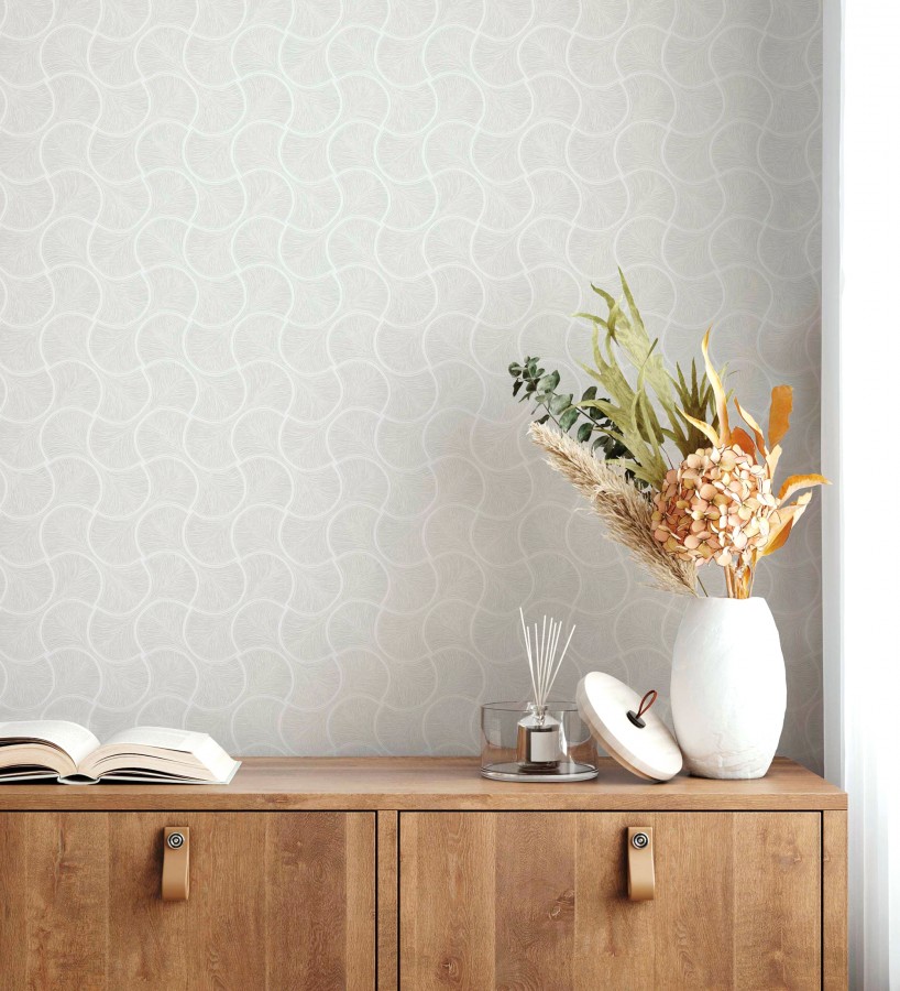Papel pintado art déco abanicos blancos en relieve efecto metalizado  Gatsby Lavish 684107