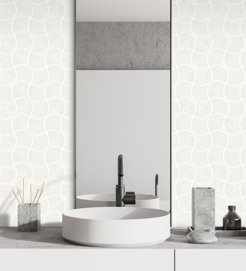 Papel pintado art déco abanicos blancos en relieve efecto metalizado  Gatsby Lavish 684107
