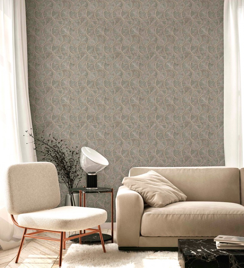 Papel pintado art déco abanicos marrón en relieve efecto metalizado  Gatsby Lavish 684111