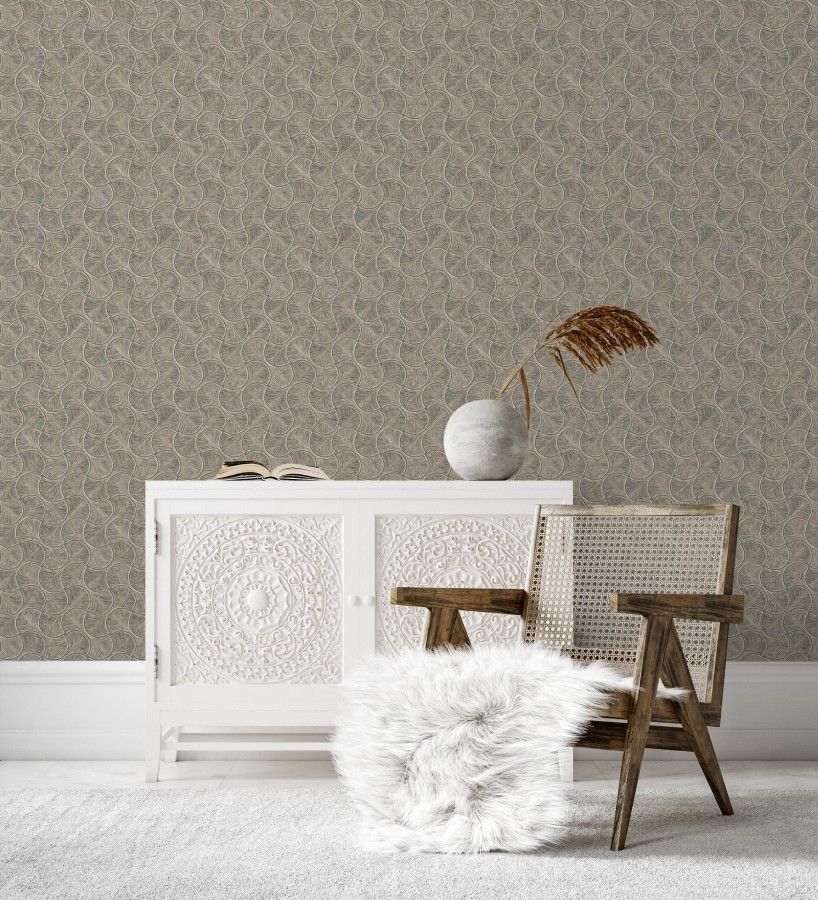 Papel pintado art déco abanicos marrón en relieve efecto metalizado  Gatsby Lavish 684111