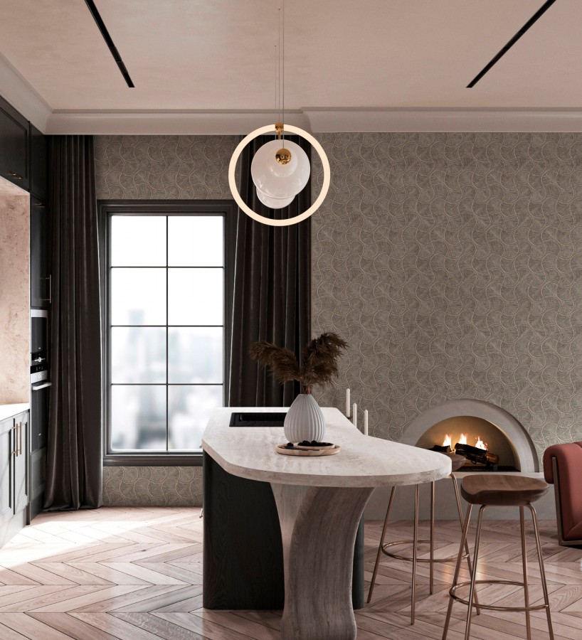 Papel pintado art déco abanicos marrón en relieve efecto metalizado  Gatsby Lavish 684111