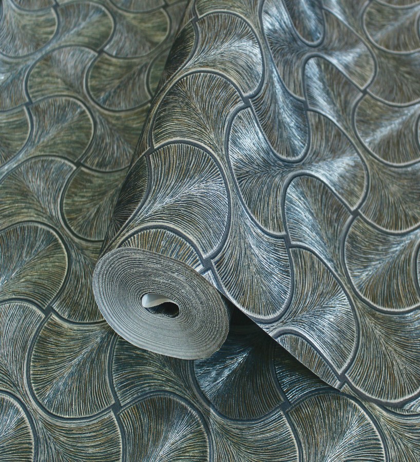 Papel pintado art déco abanicos turquesa  en relieve efecto metalizado  Gatsby Lavish 684112