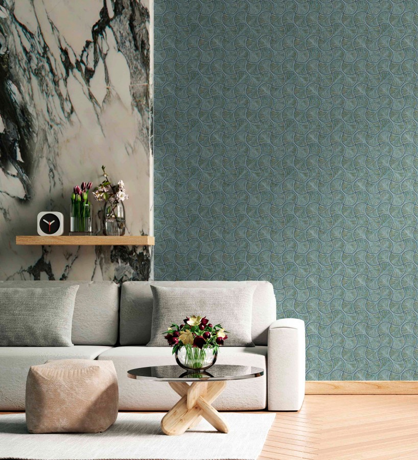 Papel pintado art déco abanicos turquesa  en relieve efecto metalizado  Gatsby Lavish 684112