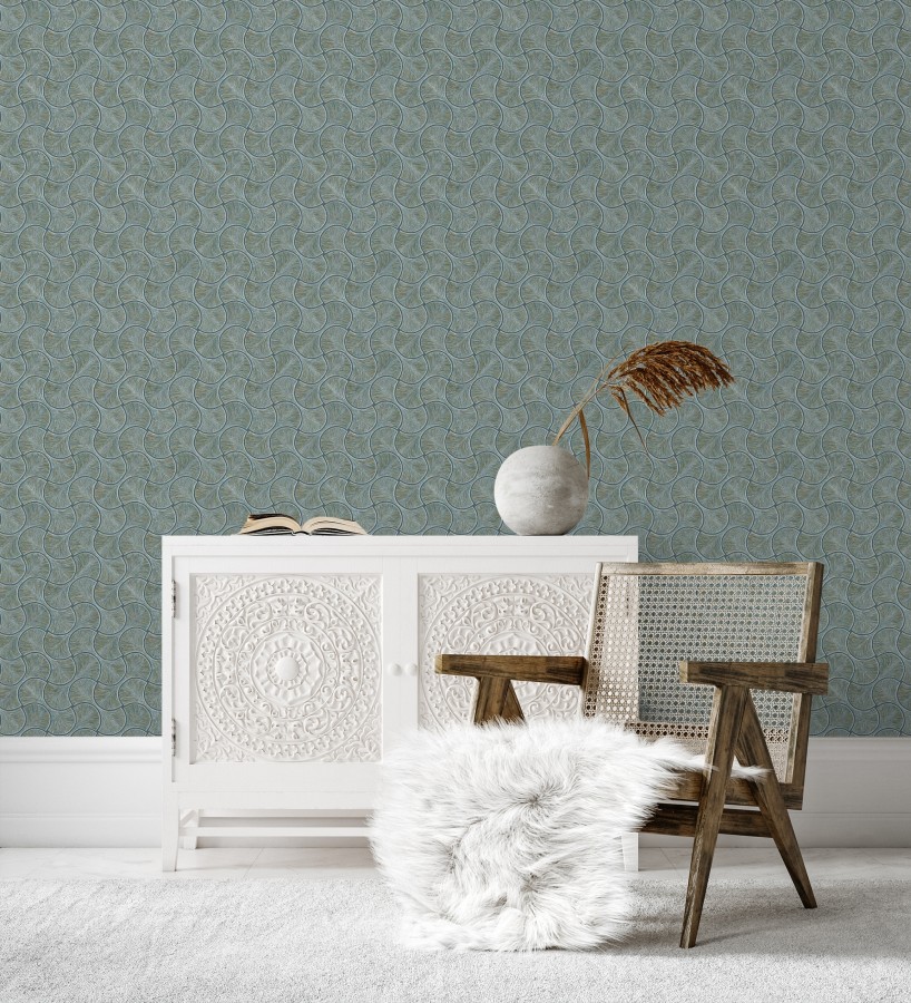 Papel pintado art déco abanicos turquesa  en relieve efecto metalizado  Gatsby Lavish 684112