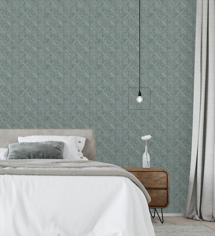 Papel pintado art déco abanicos turquesa  en relieve efecto metalizado  Gatsby Lavish 684112
