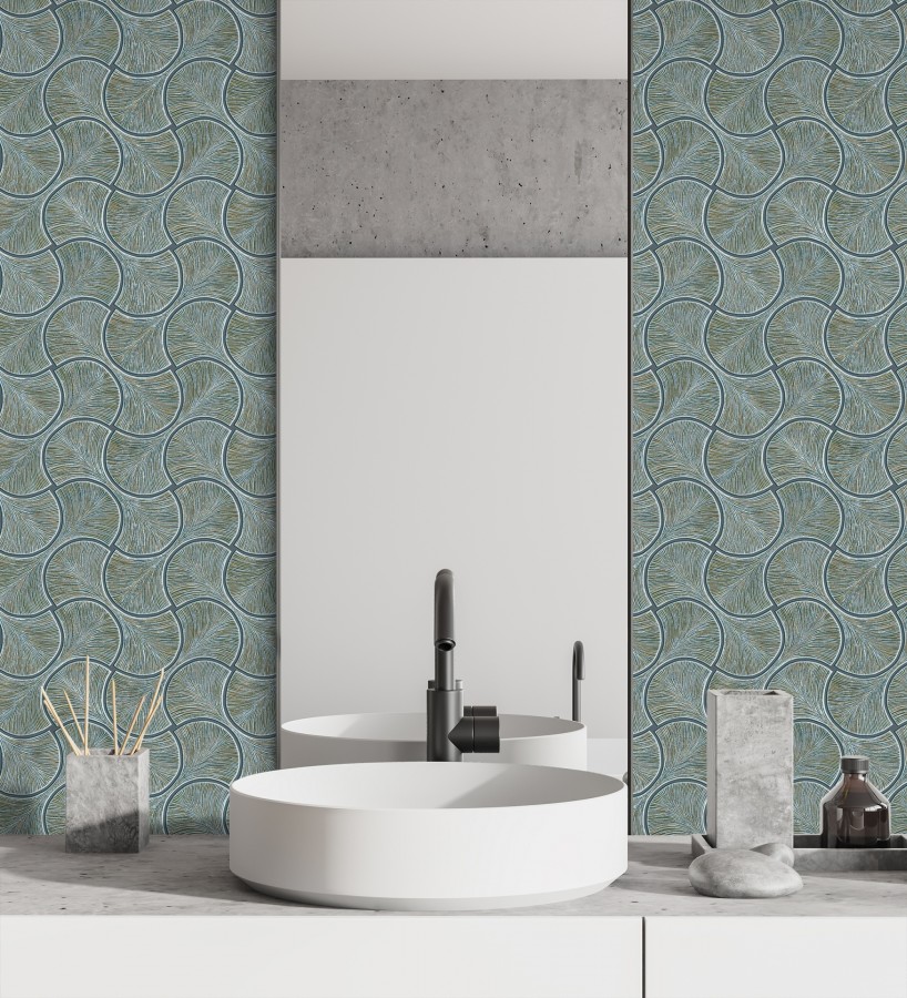 Papel pintado art déco abanicos turquesa  en relieve efecto metalizado  Gatsby Lavish 684112