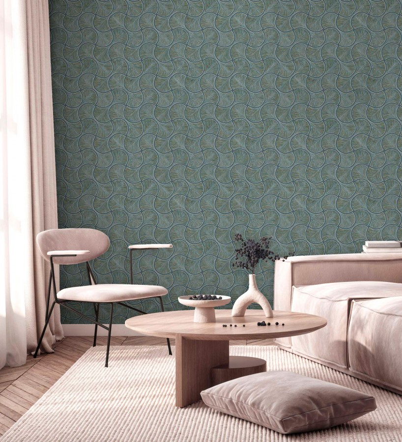 Papel pintado art déco abanicos turquesa  en relieve efecto metalizado  Gatsby Lavish 684112
