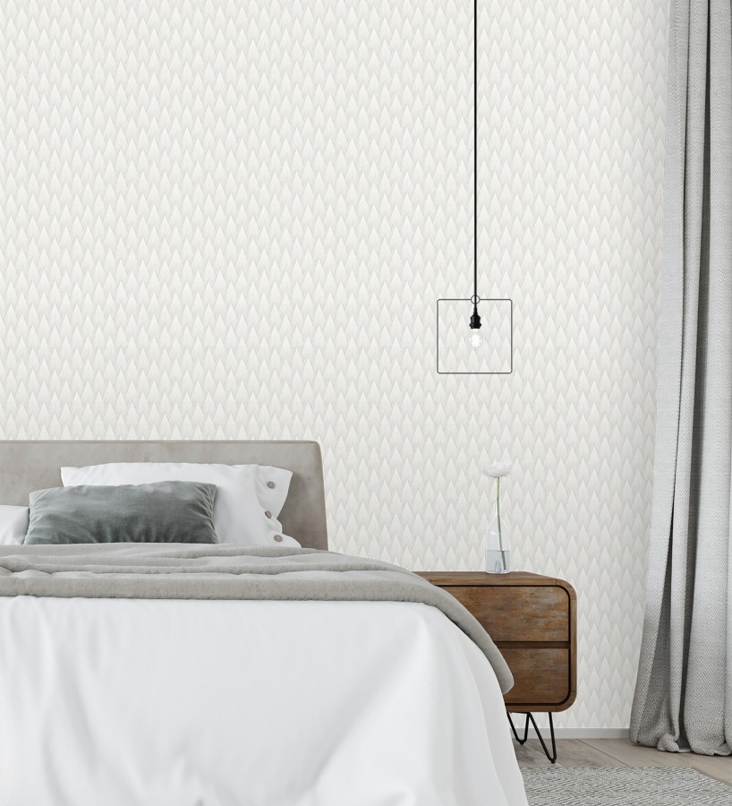 Papel pintado escamas punta de flecha metalizadas en blanco  Swanson Glam 684113