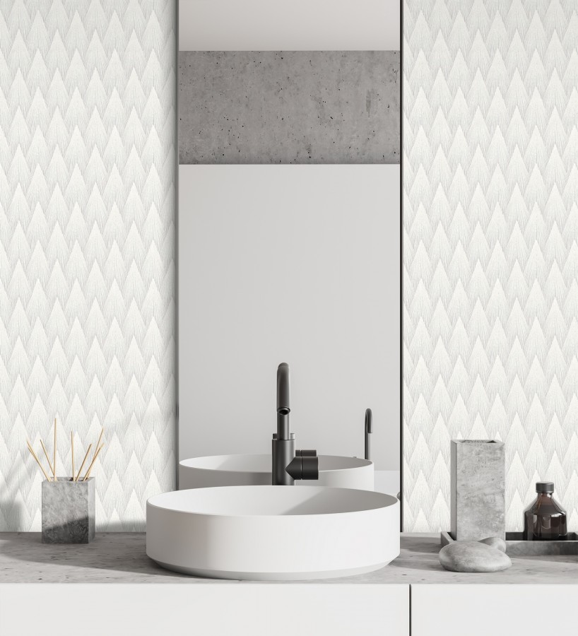Papel pintado escamas punta de flecha metalizadas en blanco  Swanson Glam 684113