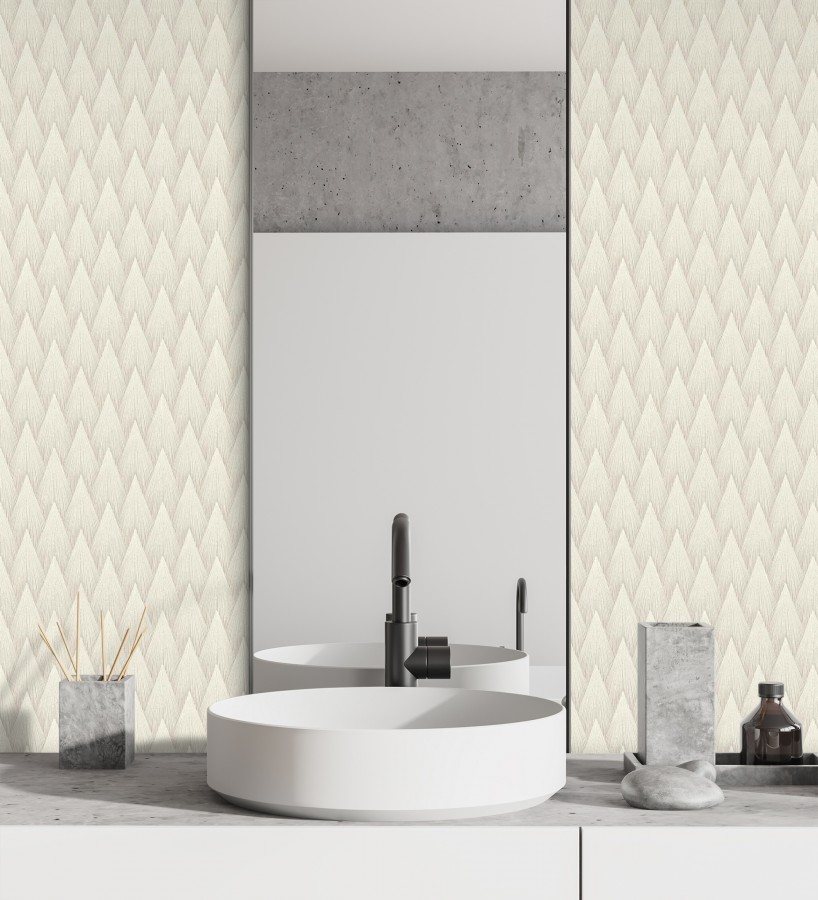 Papel pintado escamas punta de flecha metalizadas en beige  Swanson Glam 684115
