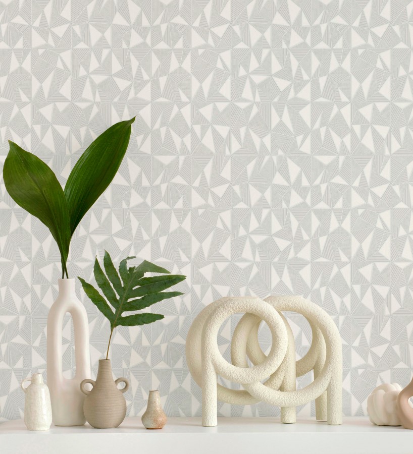 Papel pintado prismas geométricos en relieve gris claro metalizado  Manhattan Sharp 684118
