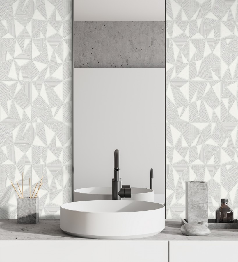 Papel pintado prismas geométricos en relieve gris claro metalizado  Manhattan Sharp 684118