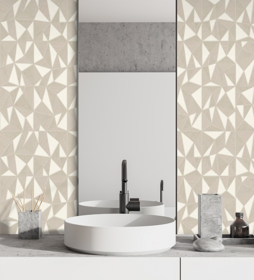 Papel pintado prismas geométricos en relieve color crema metalizado  Manhattan Sharp 684119