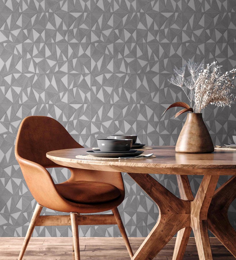 Papel pintado prismas geométricos en relieve gris metalizado  Manhattan Sharp 684120