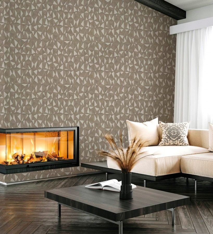 Papel pintado prismas geométricos en relieve marrón claro metalizado  Manhattan Sharp 684121
