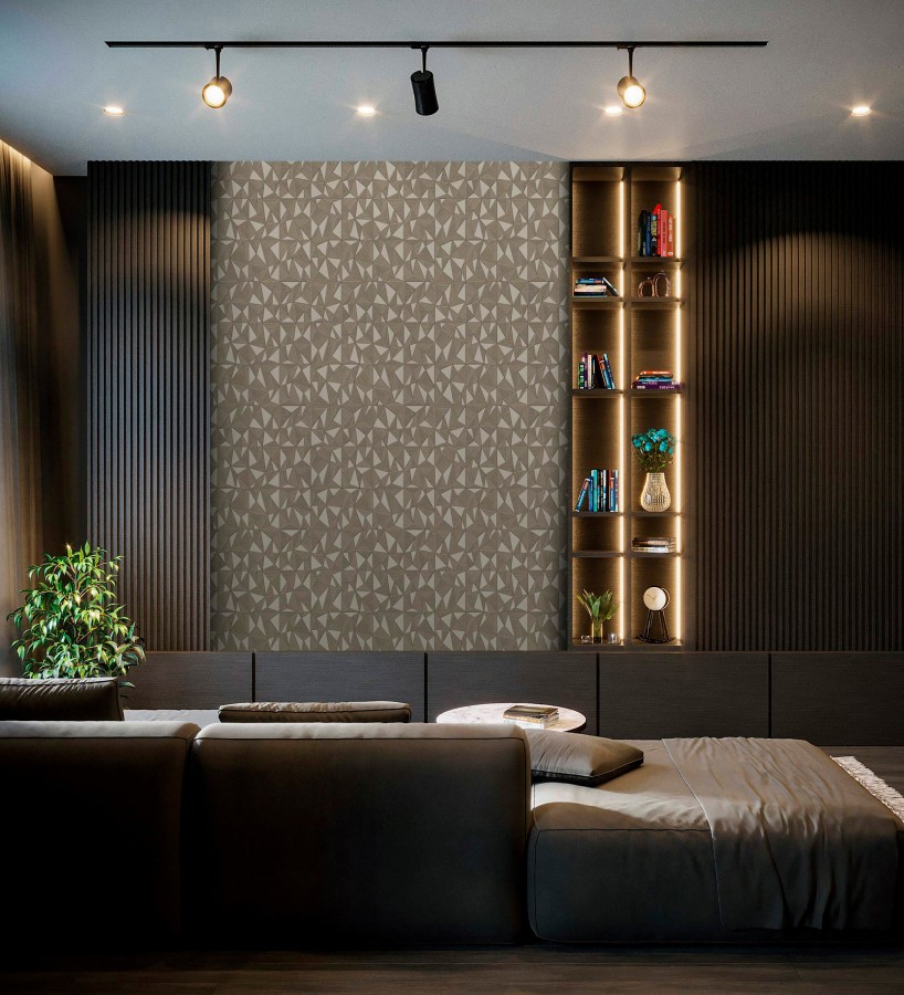 Papel pintado prismas geométricos en relieve marrón claro metalizado  Manhattan Sharp 684121