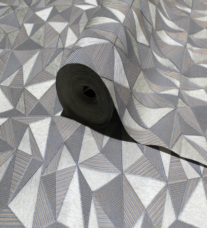 Papel pintado prismas geométricos en relieve en tonos grises metalizado  Manhattan Sharp 684122