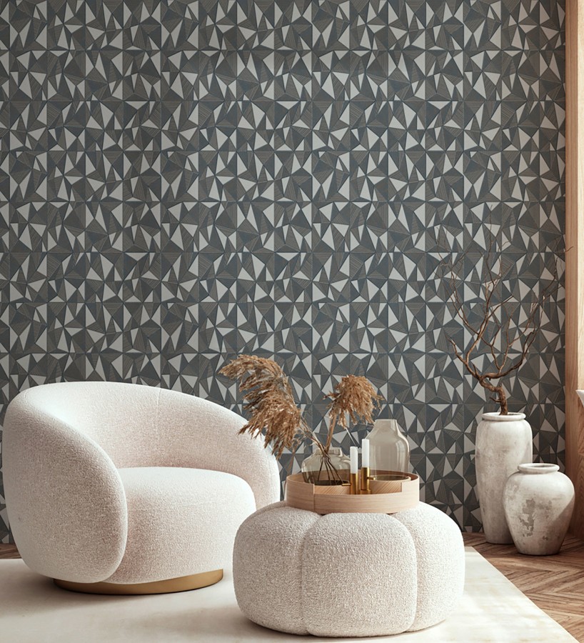 Papel pintado prismas geométricos en relieve en tonos grises metalizado  Manhattan Sharp 684122