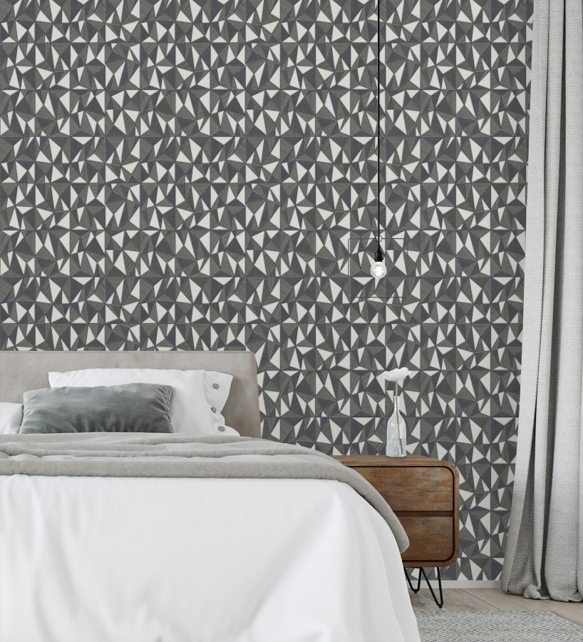 Papel pintado prismas geométricos en relieve en tonos grises metalizado  Manhattan Sharp 684122