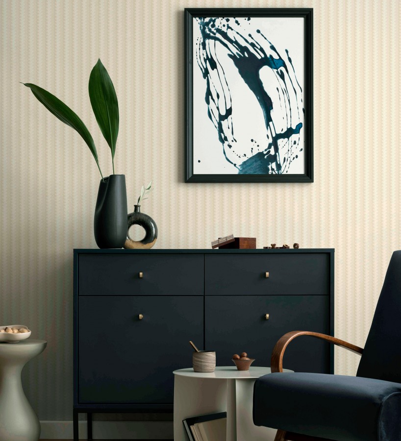 Papel pintado rayas en forma de espiga beige metalizado sutil  Gerald Loft 684129