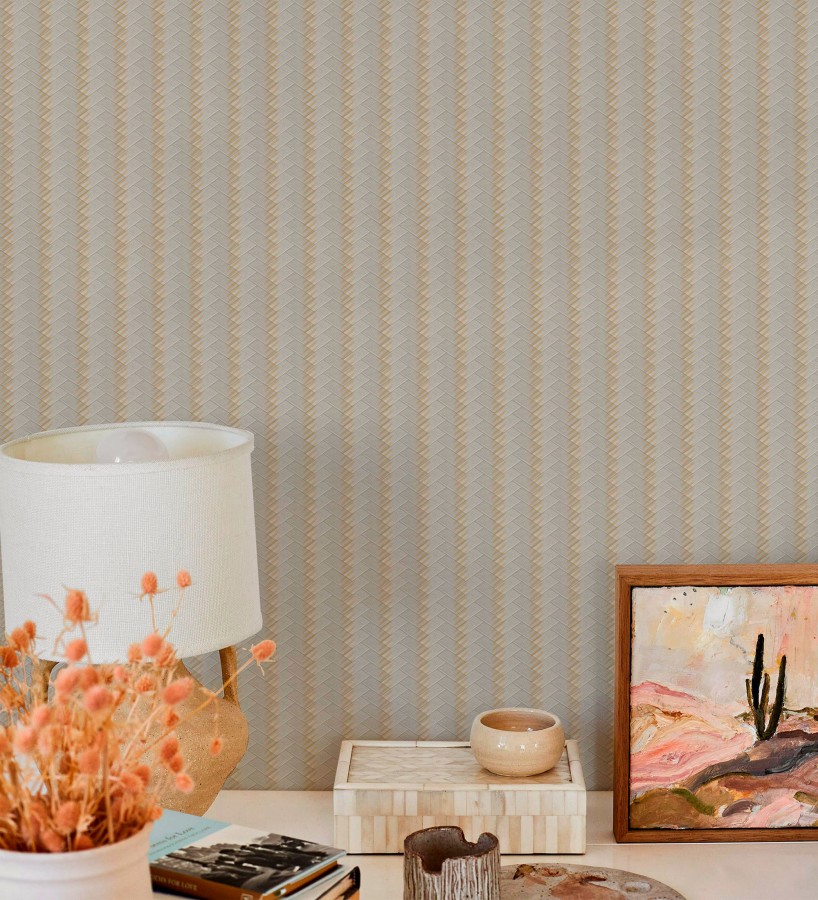 Papel pintado rayas en forma de espiga marron y gris metalizado sutil  Gerald Loft 684131