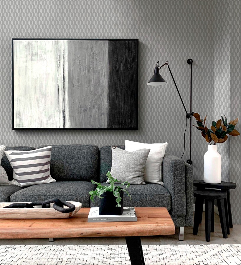 Papel pintado geometría óptica en relieve textil gris medio  Carlton Gridded 684141