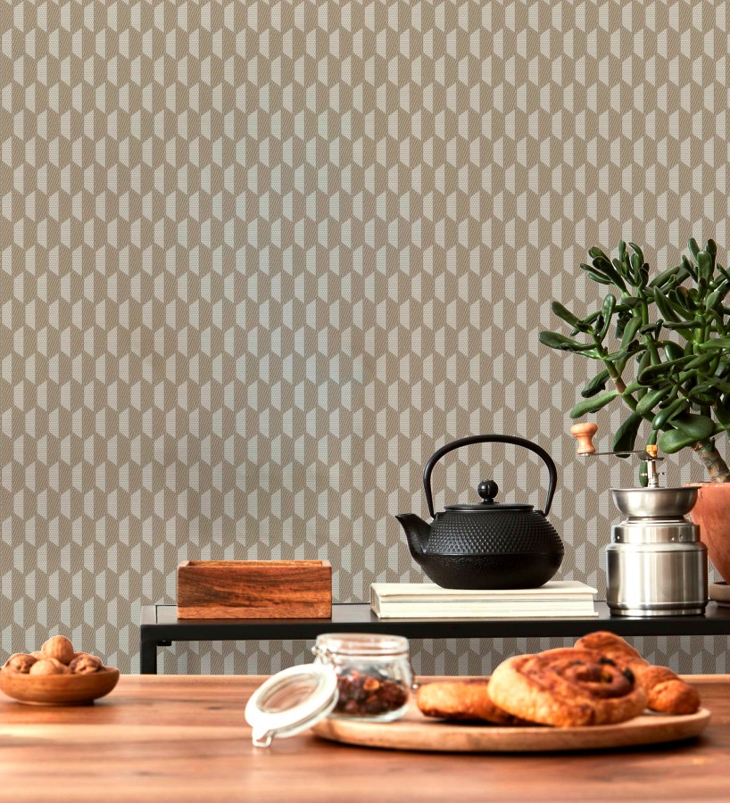 Papel pintado geometría óptica en relieve textil tono cacahuete  Carlton Gridded 684142