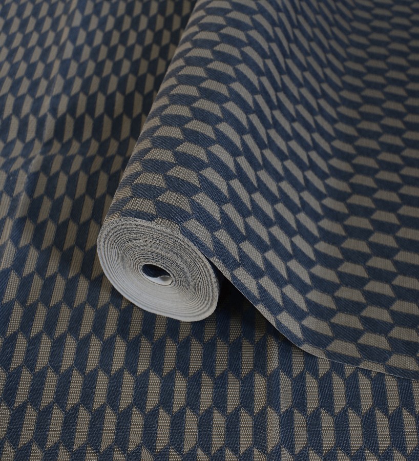 Papel pintado geometría óptica en relieve textil tono azul y marrón  Carlton Gridded 684143