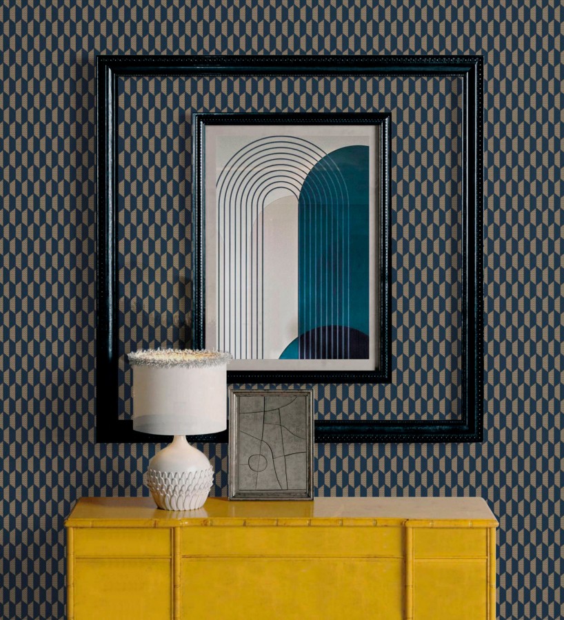 Papel pintado geometría óptica en relieve textil tono azul y marrón  Carlton Gridded 684143