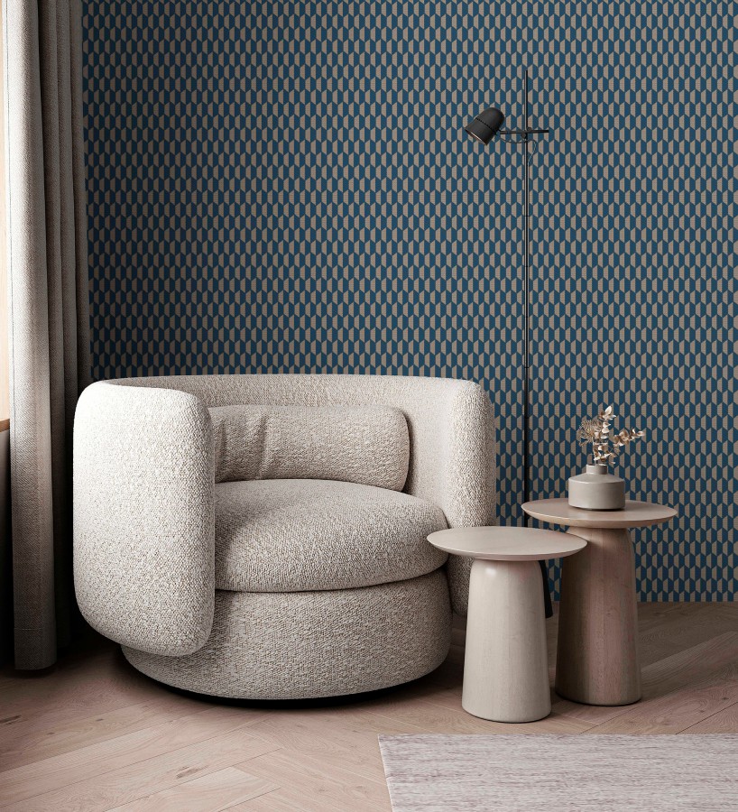Papel pintado geometría óptica en relieve textil tono azul y marrón  Carlton Gridded 684143