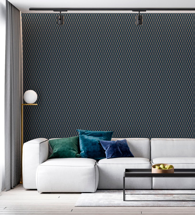 Papel pintado geometría óptica en relieve textil tono azul y marrón  Carlton Gridded 684143
