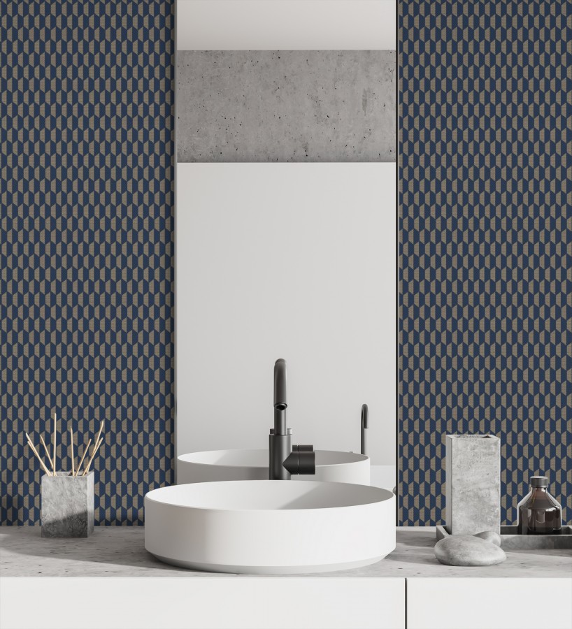 Papel pintado geometría óptica en relieve textil tono azul y marrón  Carlton Gridded 684143