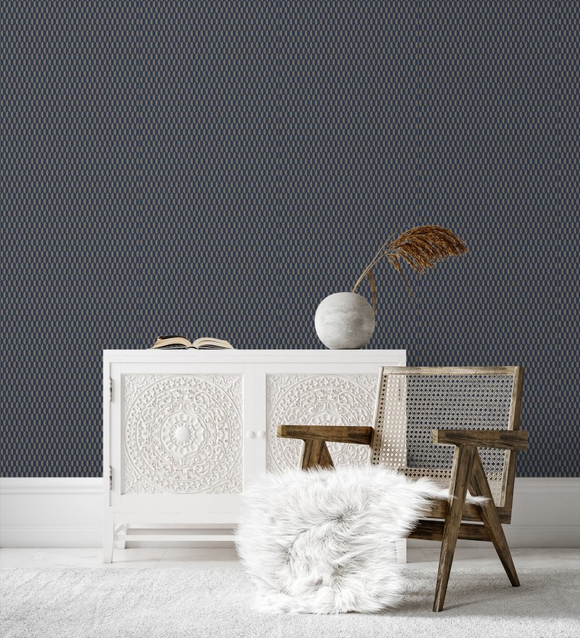 Papel pintado geometría óptica en relieve textil tono azul y marrón  Carlton Gridded 684143