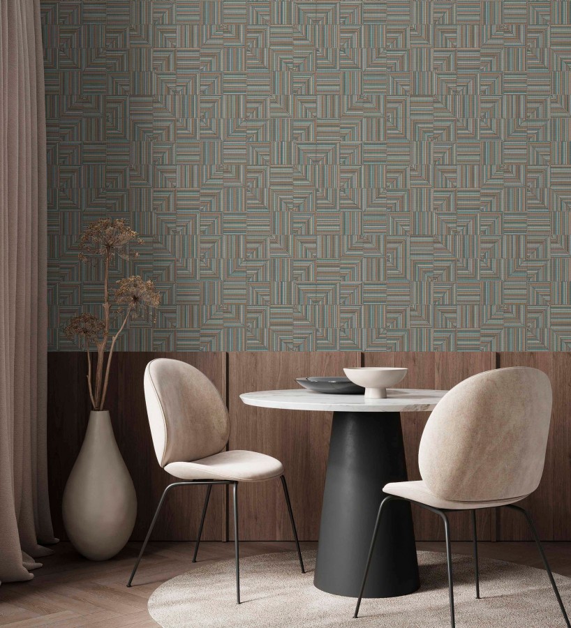 Papel pintado mosaico textil geométrico tonos azul y ocre  Waldorf Dynamic 684147