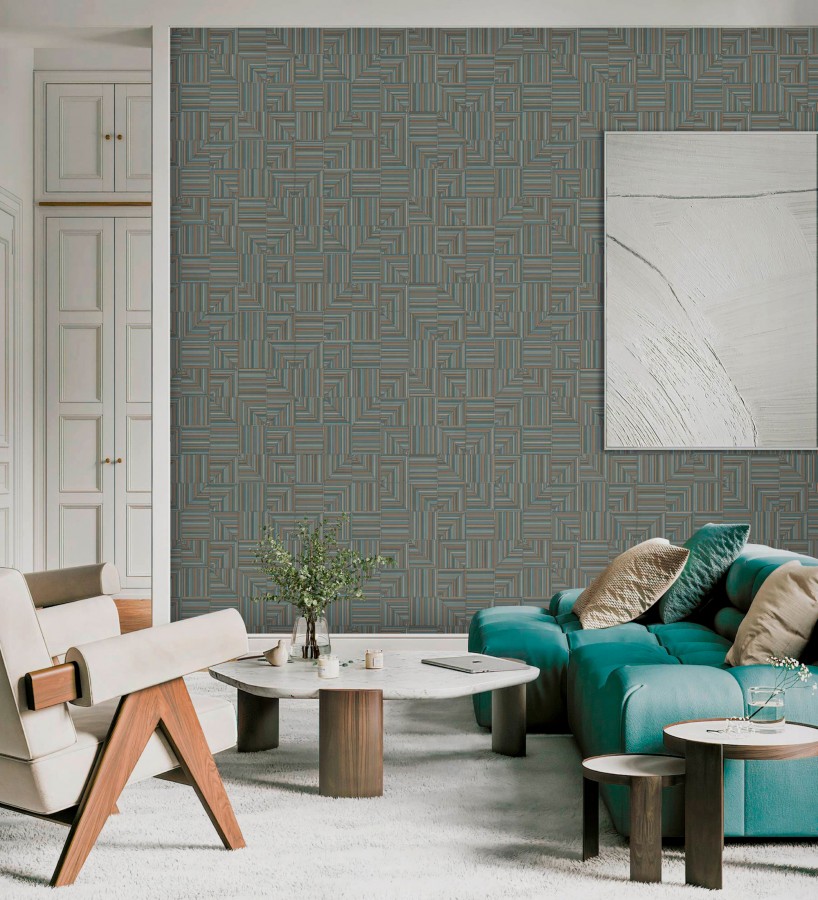 Papel pintado mosaico textil geométrico tonos azul y ocre  Waldorf Dynamic 684147